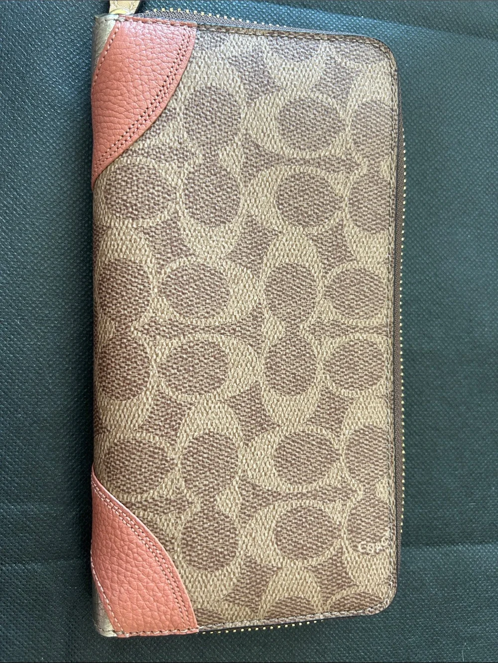 Coach Signature Zip Wallet in Brown with Tan, Cream & Rose Accents